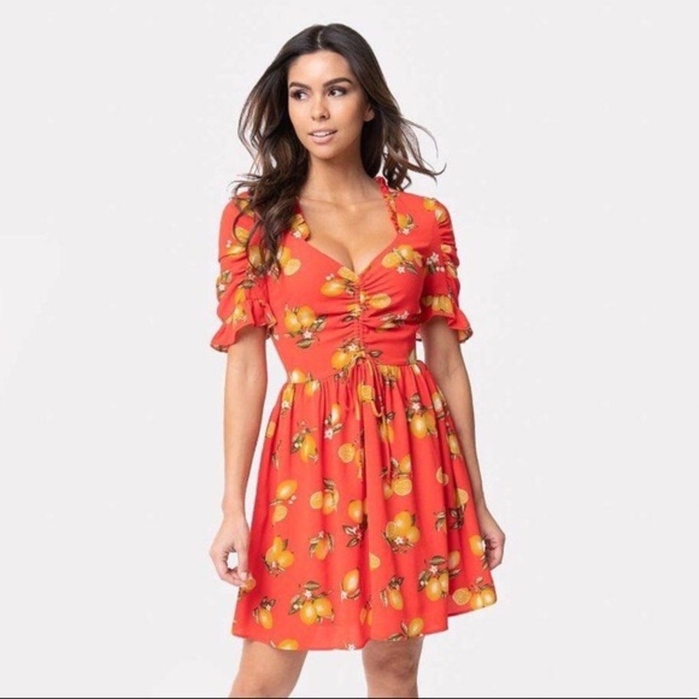Smak Parlour Coral Red & Lemon Print Sweetheart Media Darling Fit & Flare Dress